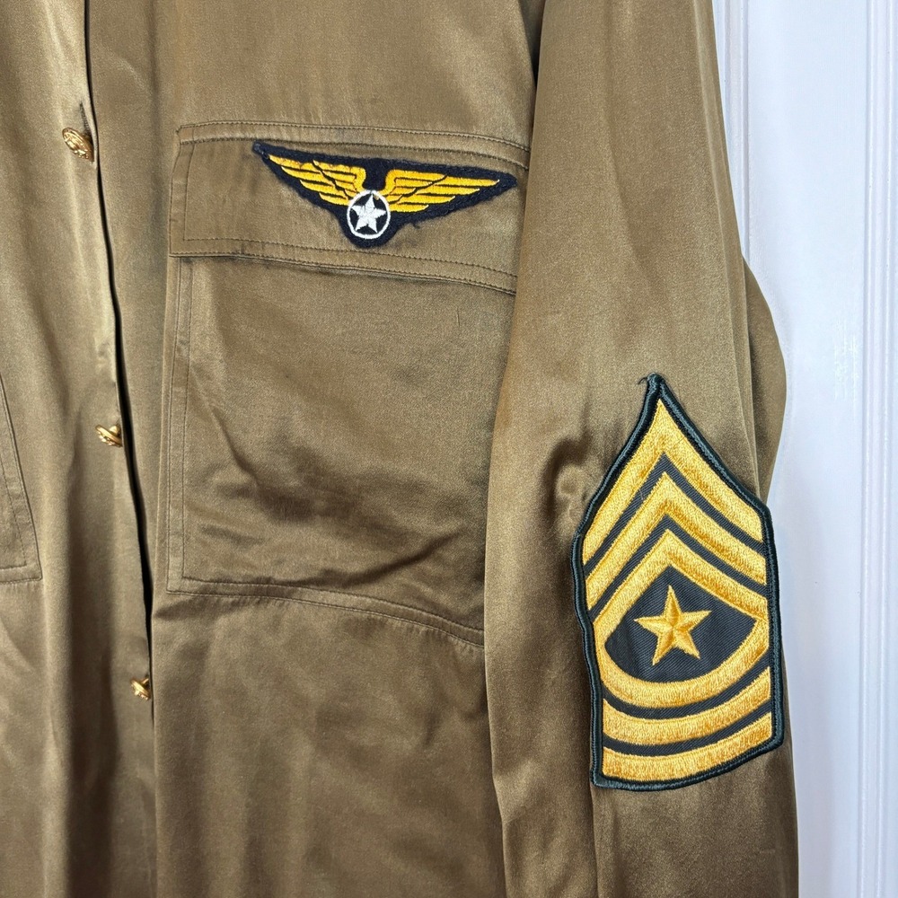 Baldanza Military Silk Shirt Women 4 Olive Green Patch Embroidered Epaulet - Picture 6 of 13